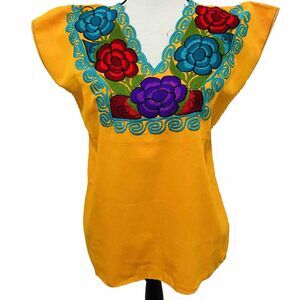 Embroidered Mexican Blouse Size M Yellow Color mexican Blouse